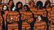 American Women In Striped Orange Suits Behind Jail Bars. Females  In Colorful Overalls. Law And Justice Concept. Illustration, Generative AI.
