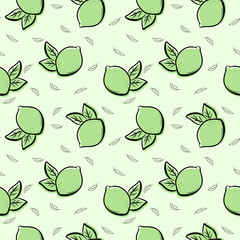 Seamless bright light green pattern with Fresh limes  for fabric, drawing labels, print on t-shirt, wallpaper of children's room, fruit background. Slices of a lime doodle style cheerful background.