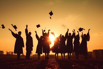 A painting depicting university graduates throwing their hats off at sunset with generative AI