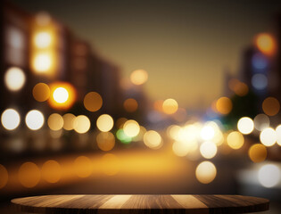 wooden empty top table with blur night city street view. tabletop with lights effect bokeh of citysc