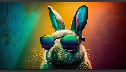 Cool bunny with sunglasses on colorful background