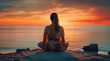 Wall Mural -  woman meditating on the beach at sunset. AI generative