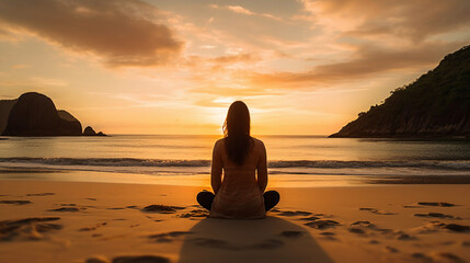 Wall Mural -  woman meditating on the beach at sunset. AI generative