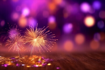 Wall Mural - Gold and purple Fireworks and bokeh in New Year eve and copy space. Abstract background holiday. AI generative
