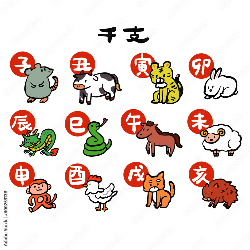 かわいい手描き風の干支のイラストセット(漢字付き) Stock