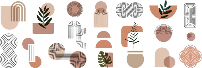 Hand drawn abstract minimal element mid century vector set. watercolor geometric shapes in earth tone. Aesthetic contemporary stripe line art. Vector illustration