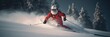 © Margo_Alexa - Santa Claus with a white beard in glasses and a helmet descends a snowy high slope with gifts for Christmas . Generative AI