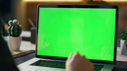 Wall Mural - Unknown worker talking green screen laptop at video call workplace close up.