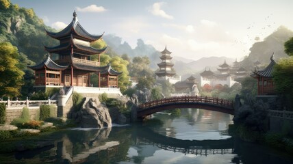 Oriental traditional architecture conceptual illustration. Village with pagoda temple in the mountains. Generative AI.