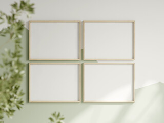 four horizontal frames on the white and green wall, boy room interior frame mockup, print mockup, baby room mockup, kids room mockup, nursery interior frame mockup, gallery wall mockup, 3d render