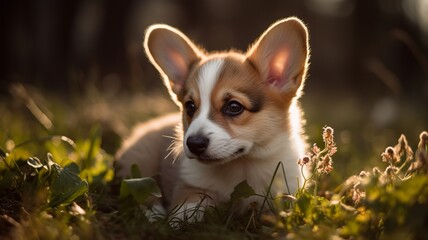 Poster - Cute and Fluffy: Welsh Corgi Puppy Playing in the Grass