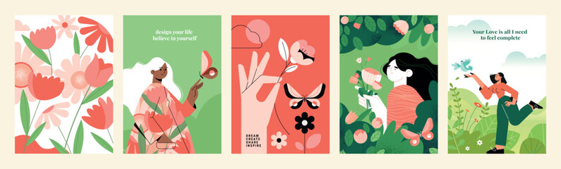 Wall Mural - Set of natural and floral vector illustrations for beauty and fashion, greeting card, invitation card for wedding, web and social media banner, brochure cover, marketing material.