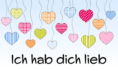 Poster - Ich hab dich lieb - Schriftzug in deutscher Sprache. Liebesgrüße mit einem Himmel voller bunter Herzen.