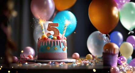 number 5 candle on a third year birthday or anniversary cake celebration with balloons and party decoration as banner with copy space area - Generative AI