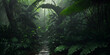 © Aleksei Solovev - Jungle during heavy rain. Dark tropical forest with exotic plants, palm trees, big leaves and ferns. Scary thicket of the rainforest. Streams of water, wet green vegetation and ground. Generative AI