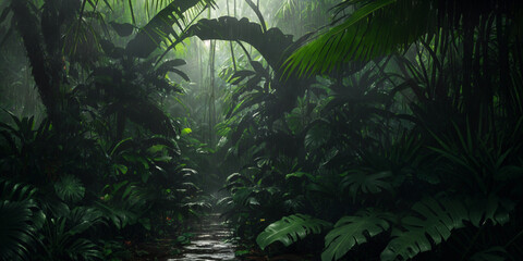 Poster - Jungle during heavy rain. Dark tropical forest with exotic plants, palm trees, big leaves and ferns. Scary thicket of the rainforest. Streams of water, wet green vegetation and ground. Generative AI