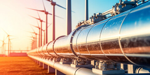 Wall Mural - a hydrogen pipeline with wind turbines and in the background. green hydrogen production concept