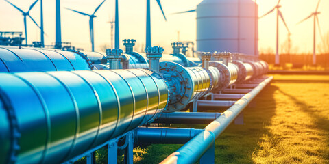 a hydrogen pipeline with wind turbines and in the background. green hydrogen production concept