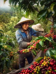 A woman picking coffee beans from a tree. Generative AI.