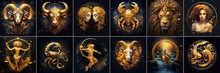 Set Of Zodiac Signs, Golden Series Of Astrological Symbols For Horoscope Theme, Generative AI