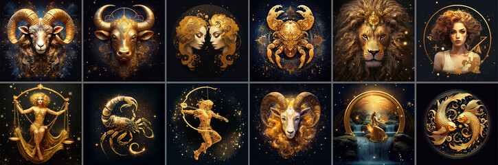 set of zodiac signs, golden series of astrological symbols for horoscope theme, concept of astrology