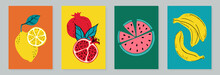 Fruit Poster Set Lemon, Watercolor, Banana And Pomegranate. Modern Style, Pastel Colors
