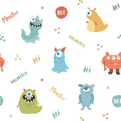 Cute monsters seamless pattern. Cartoon monsters background. Vector illustration