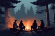 Illustration of four people sitting around a cozy camp, concept of hiking trip, created with Generative AI technology