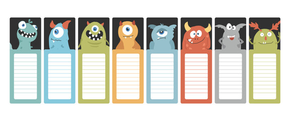 Bookmarks with cute monster set, Cartoon monsters sticker collection. Vector illustration