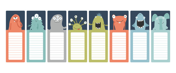 Bookmarks with cute monster set, Cartoon monsters sticker collection. Vector illustration