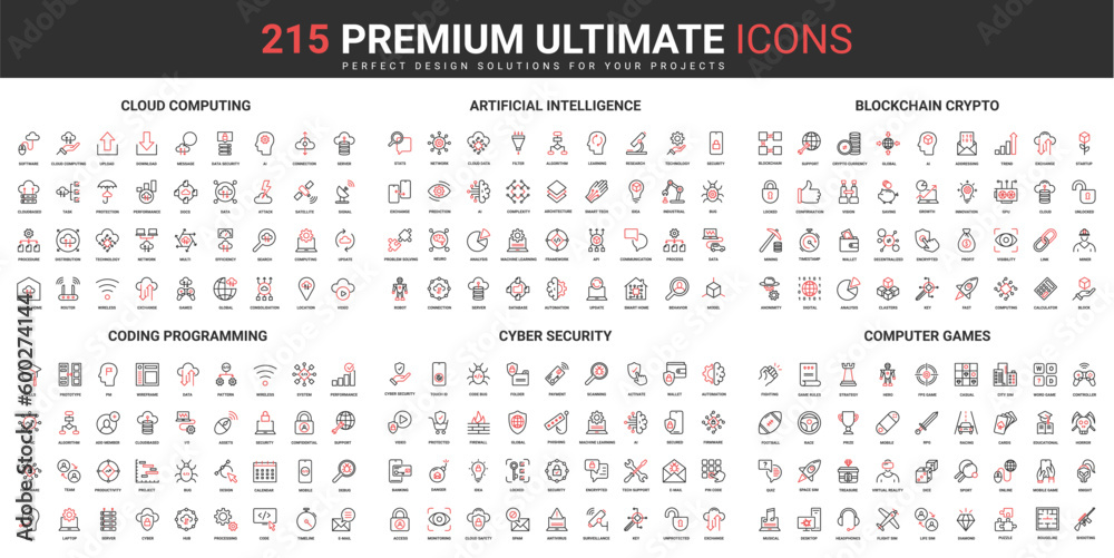 Cloud computing, AI technology thin line red black icons set vector ...