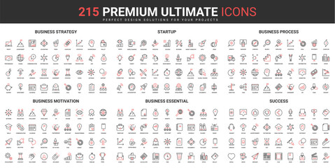 Business strategy thin line red black icons set vector illustration. Abstract symbols of success startup launch, business processes, vision and finance motivation simple design for mobile and web apps