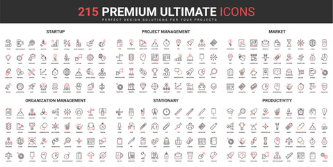 Bussines organization, strategy and management of success startup thin line red black icons set vector illustration. Abstract symbols executive plan, office stationery simple design mobile, web apps