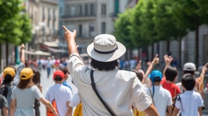 Wall Mural - tour guide leading a group of tourists generative ai