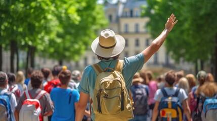 Wall Mural - tour guide leading a group of tourists generative ai