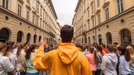 Wall Mural - tour guide leading a group of tourists generative ai