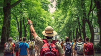 Wall Mural - tour guide leading a group of tourists generative ai