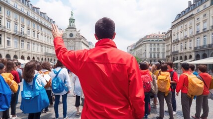 Wall Mural - tour guide leading a group of tourists generative ai