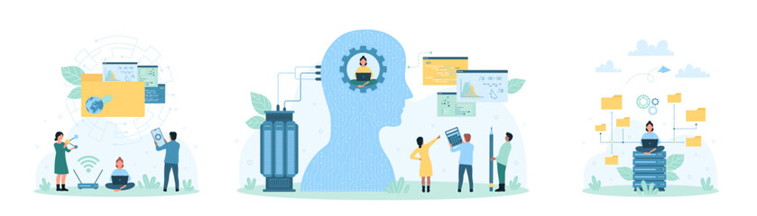 Data management set vector illustration. Cartoon tiny people work with data inside abstract human head, use phone and laptop to upload archives to cloud, connect folders with information to network