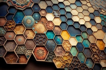 Poster - Mosaic art abstract background in hexagonal shape. distinct generative AI image.