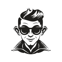 Elf Wearing Sunglasses, Vintage Logo Line Art Concept Black And White Color, Hand Drawn Illustration