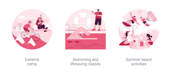 Poster - summer sports and recreation abstract concept vector illustration set. extreme camp, swimming and li