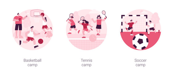 Poster - summer sport camp abstract concept vector illustration set. basketball, tennis and soccer camp for c