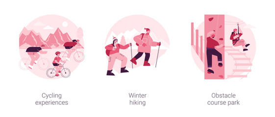 Poster - Active lifestyle abstract concept vector illustration set. Cycling experience, winter hiking, obstacle course park, extreme sports, outdoor workout, mountain vacation, city tour abstract metaphor.