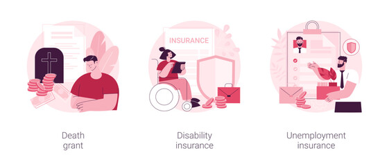 Poster - social financial support abstract concept vector illustration set. death grant, disability insurance
