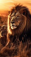 Wall Mural - Pride of African Lions Resting Together in the Golden Light of a Sunset. Generative ai