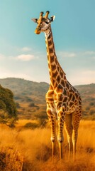 Wall Mural - Giraffe Standing Tall in the African Savannah. Generative ai