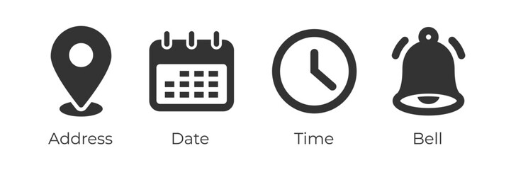 place, time, date and notification line icons. calendar, address location pointer and alarm bell. no