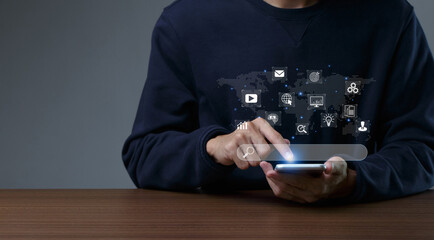 seo search engine optimization concept. men use smartphone with seo icons for promoting ranking traf