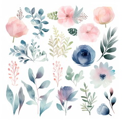Wall Mural - Watercolor floral illustration bouquet set collection, wedding stationary, flower background
